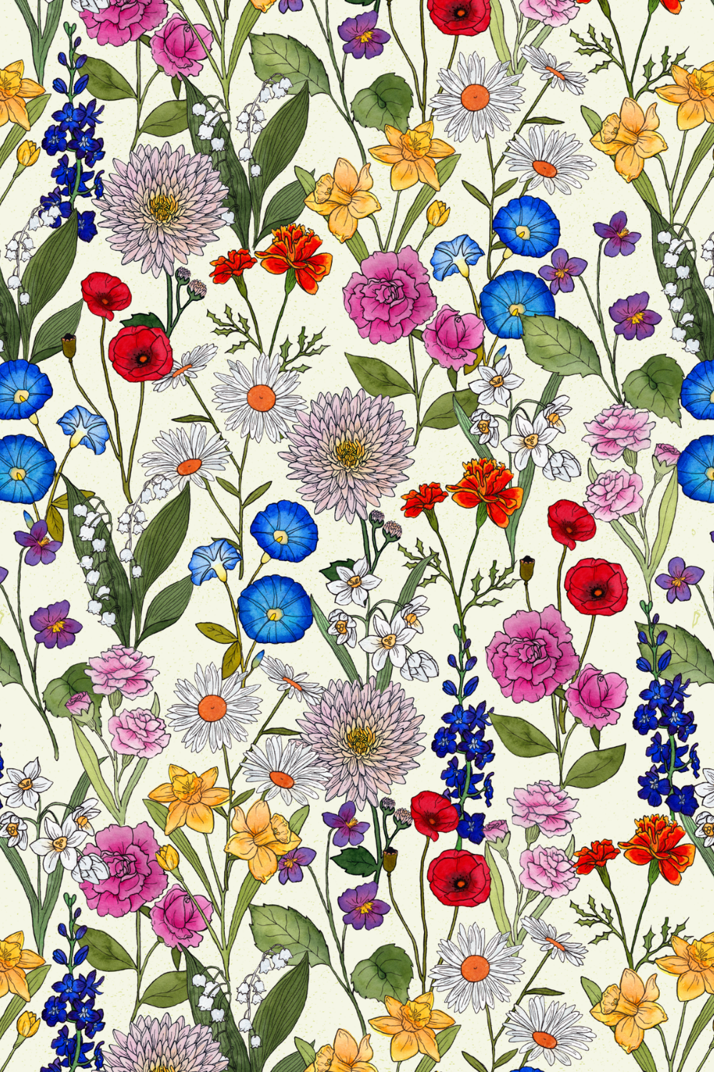 Colorful floral pattern with various flowers including daisies, morning glories, asters, poppies, pansies, and lilies, with green leaves on a light background.