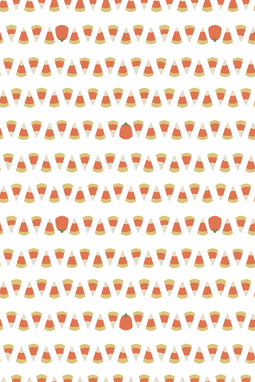 Pattern of candy corn with scattered small pumpkins on white background.