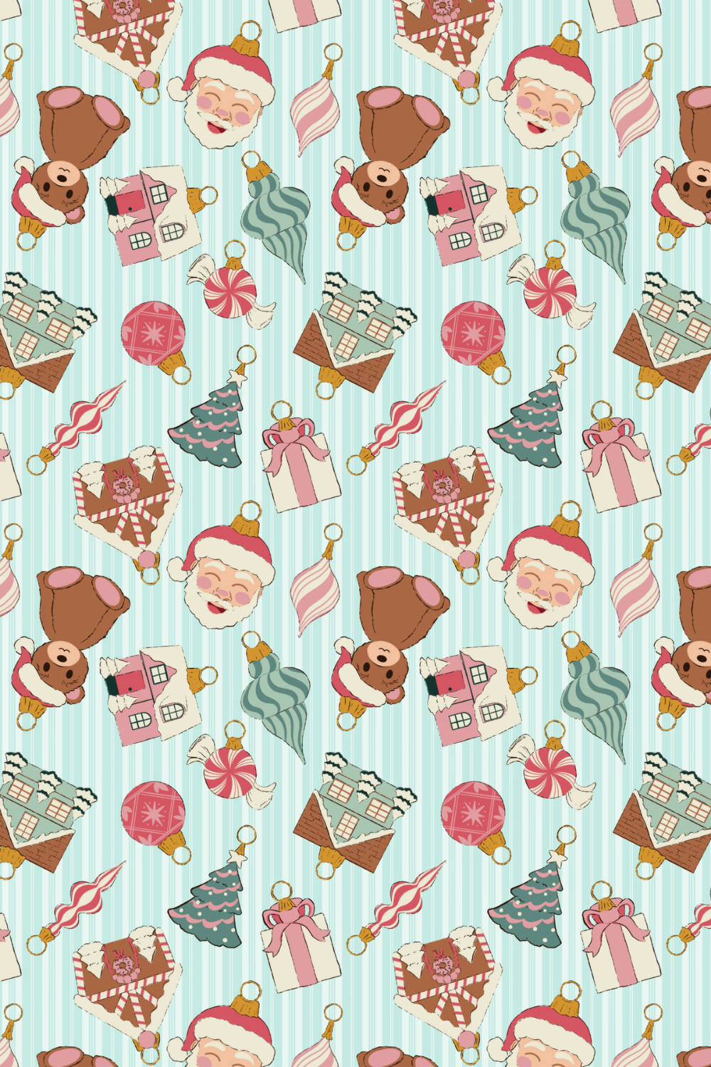 Festive holiday pattern with Christmas-themed illustrations including Santa Claus faces, Christmas trees, gingerbread houses, wrapped gifts, candy canes, ornaments, and stockings, all set against a light blue striped background.