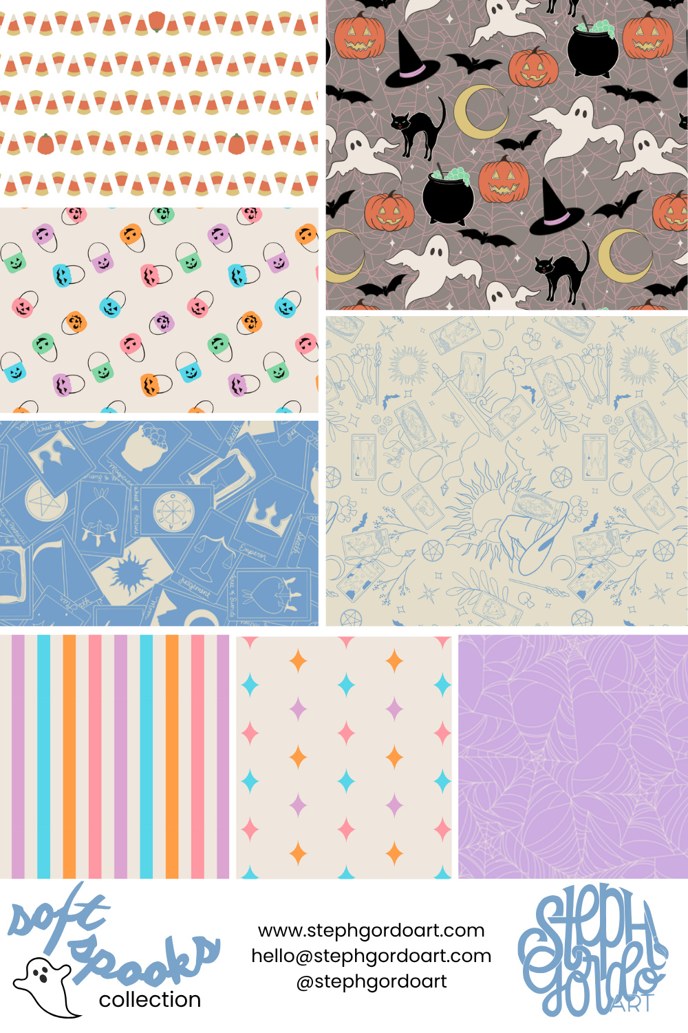 A collage of Halloween-themed pattern designs including candy corn, Halloween pumpkins, black cats, ghosts, bats, witches' hats, bubbling cauldrons, spiders, moon, moon and stars, tarot cards, and various festive symbols.