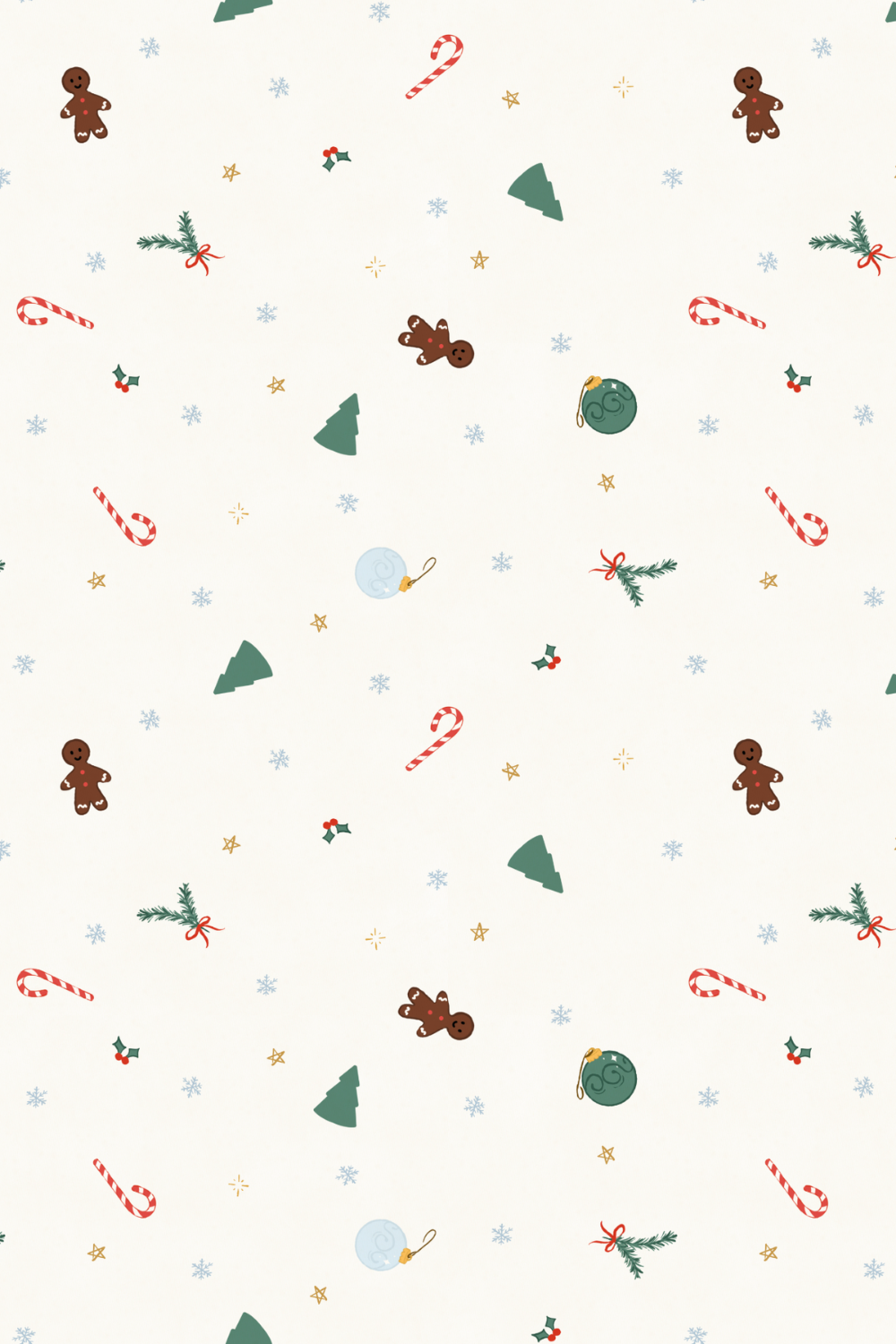 Pattern with Christmas gingerbread men, candy canes, Christmas trees, holly, snowflakes, baubles, and pine branches.