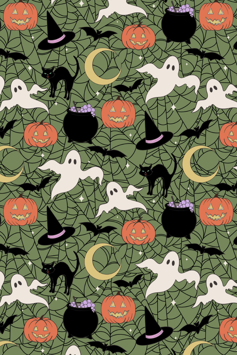 Pattern with Halloween-themed illustrations including jack-o'-lanterns, black cats, ghosts, bats, witches' hats, cauldrons, and crescent moons on a webbed background.