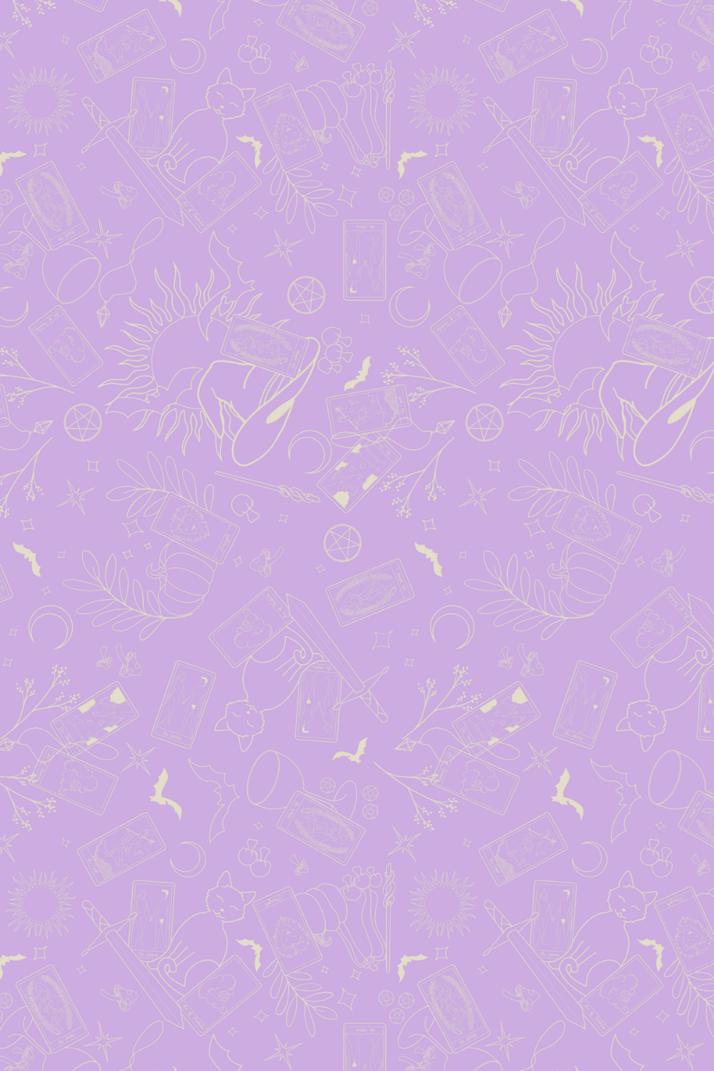Repeating pattern with mystical and fantasy-themed illustrations on a purple background, including tarot cards, bats, moons, stars, crystal balls, herbs, and a dragon.
