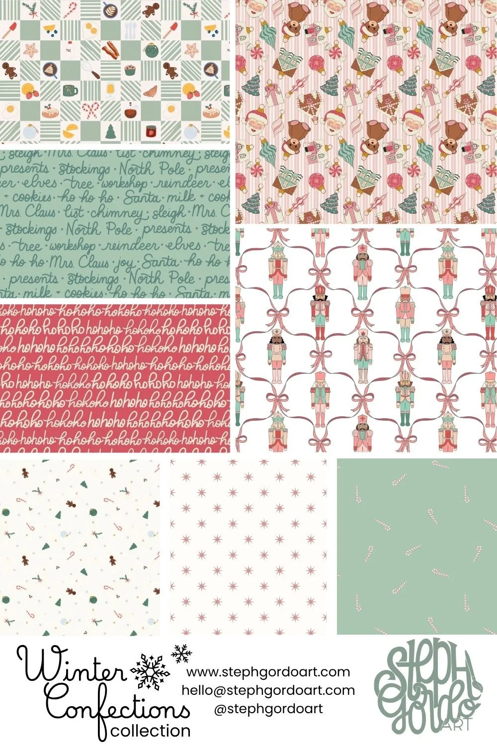 Six different Christmas-themed pattern designs, including a pattern of Christmas words and phrases, Christmas toys and gifts, festive nutcracker soldiers, Swiss cross pattern, snowflakes and holly leaves, and candy canes on a green background.