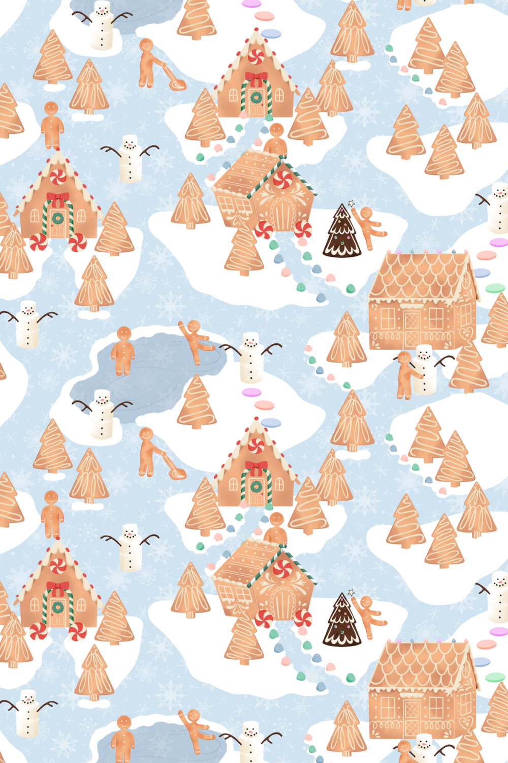 Pattern featuring gingerbread houses, snowmen, gingerbread cookies, trees, and children playing in a winter scene, with snow and ice.
