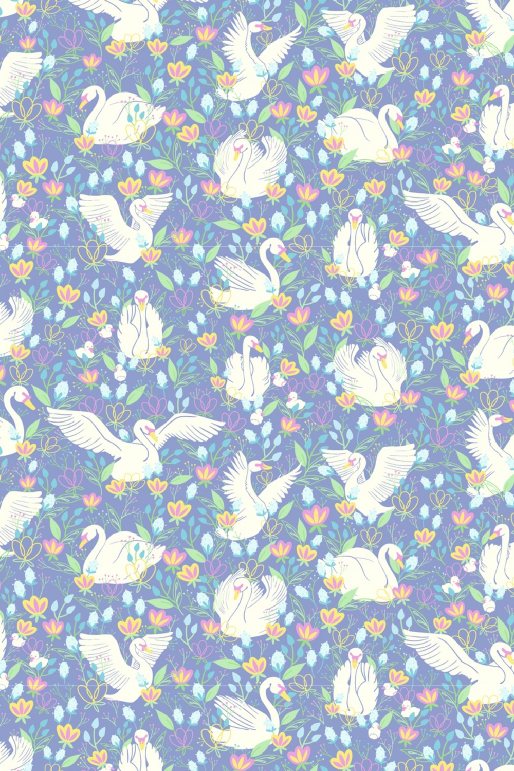 White swans among pink, purple, and blue flowers and green leaves on a purple background.