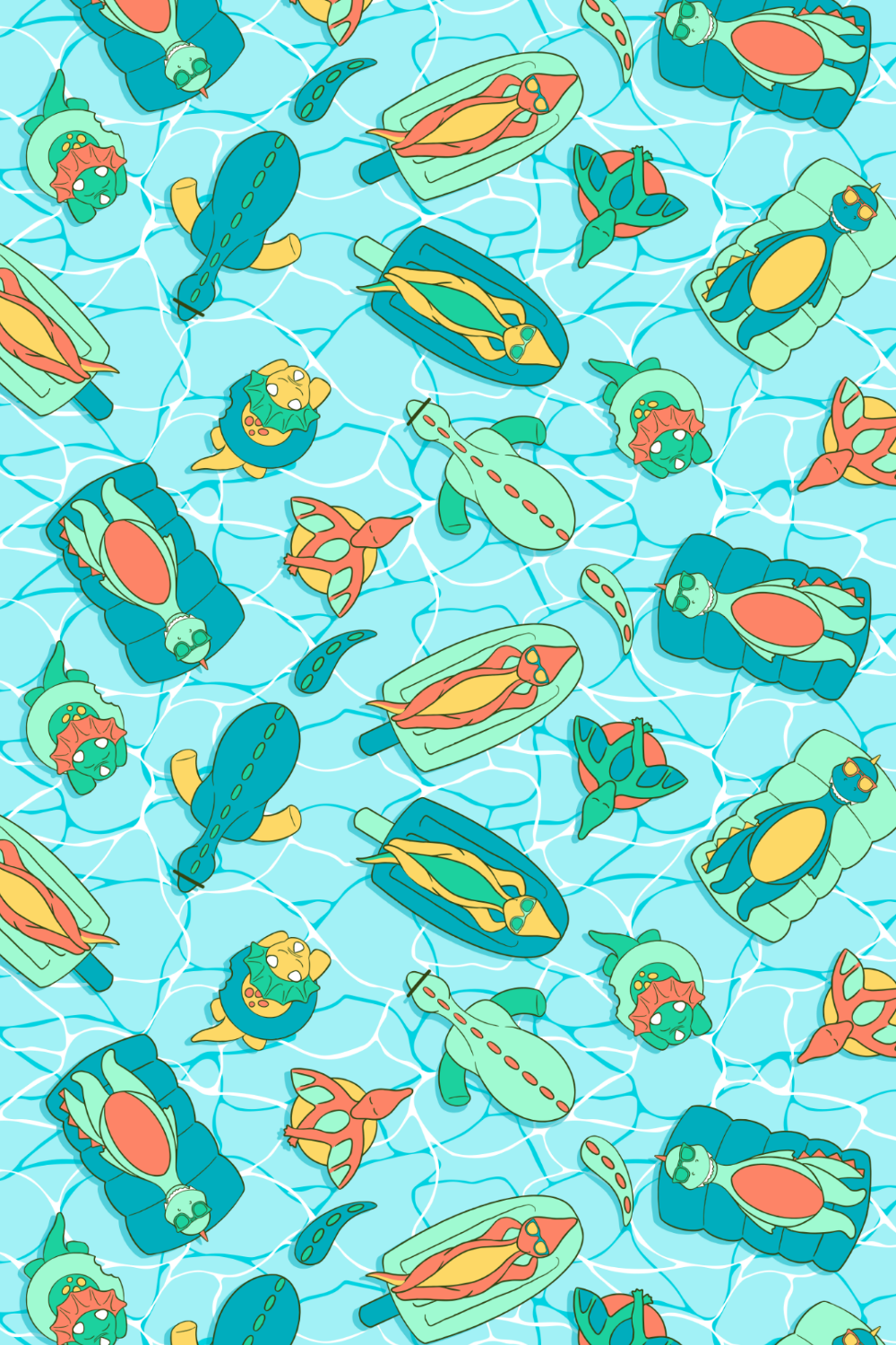 Pattern of cartoon sea creatures including fish, turtles, and other aquatic animals floating on blue water with white wave lines.