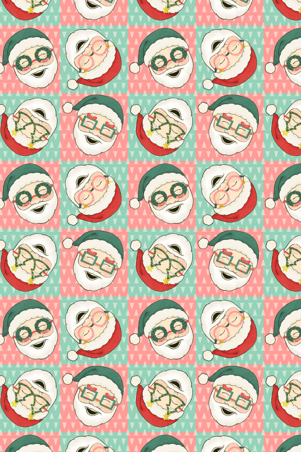 Repeat pattern of cartoon Santa Claus faces with Christmas decorations on a pink and green background.