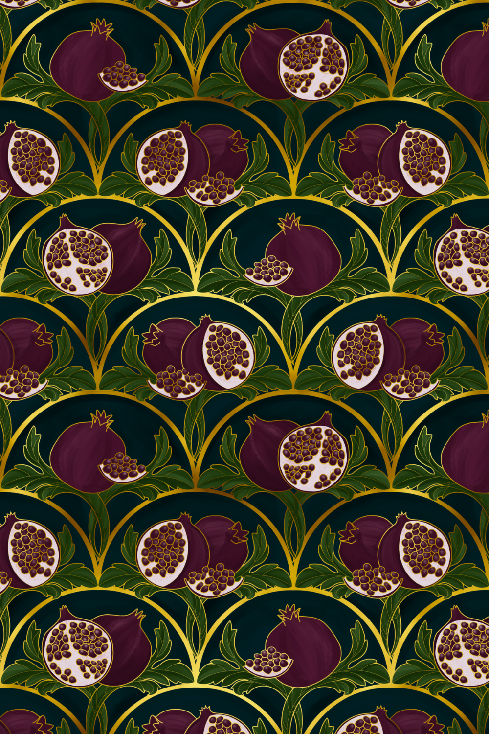 Pattern of pomegranates with green leaves and gold outlines on a dark background.