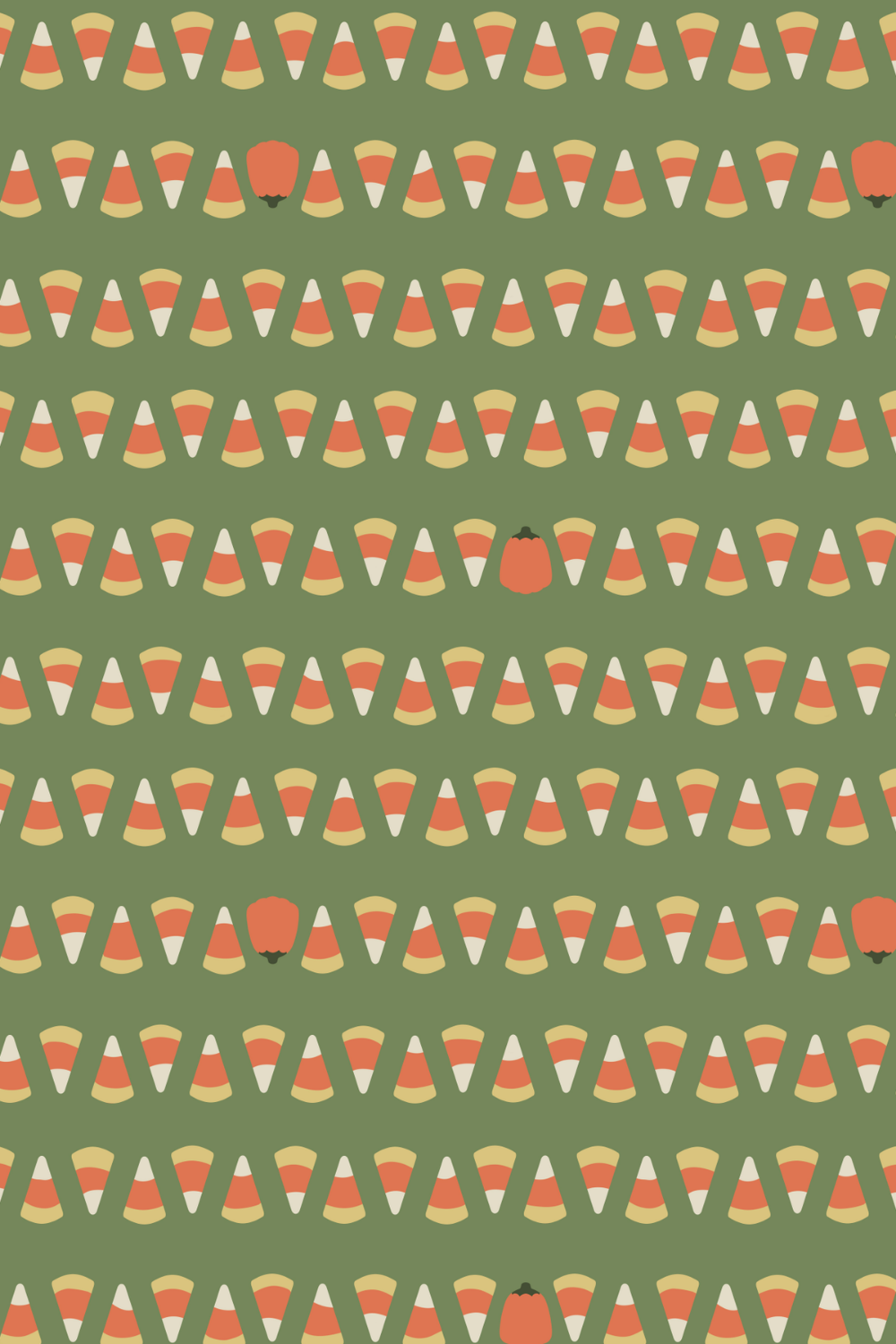 Pattern with candy corn, orange pumpkins, and black hats on an olive green background.
