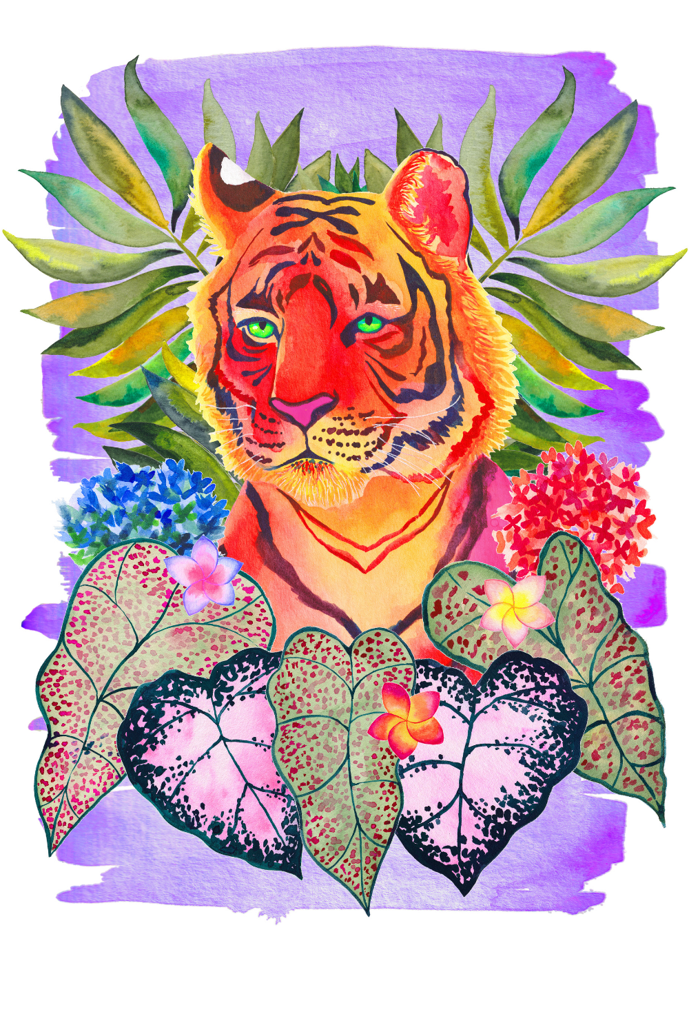 Watercolor illustration of a tiger with green eyes surrounded by lush green leaves, colorful flowers, and vibrant foliage against a purple background.
