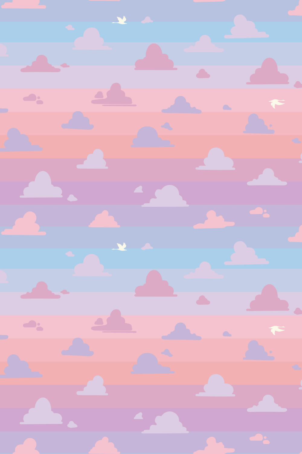 Pastel-colored cloud sky with pink, purple, and blue clouds and white birds flying.