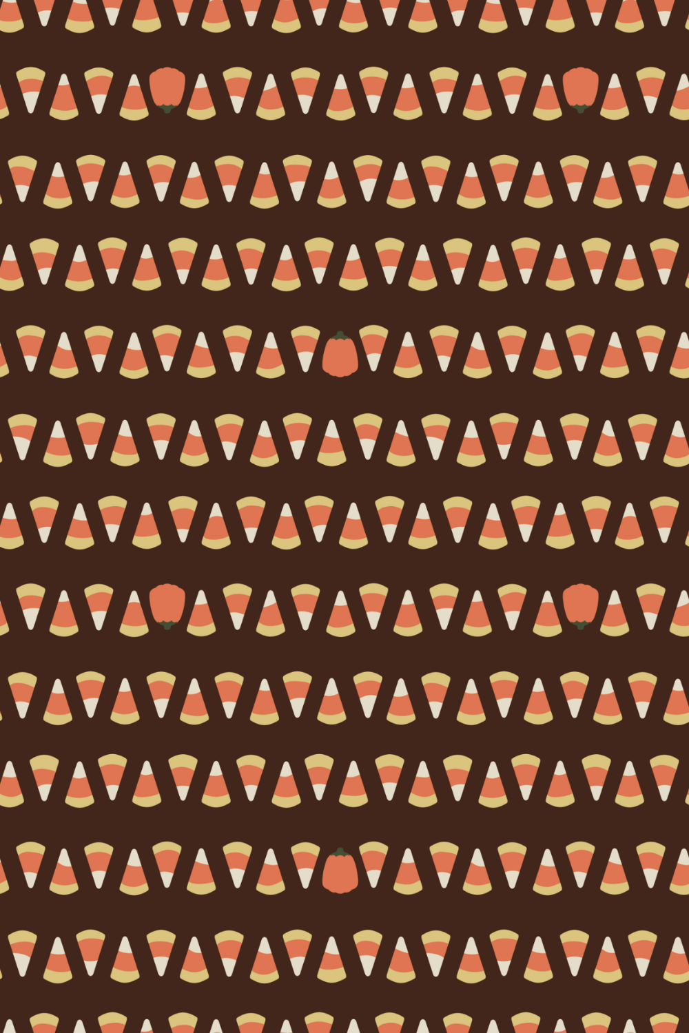 Pattern of candy corn with some pumpkins on a dark background.