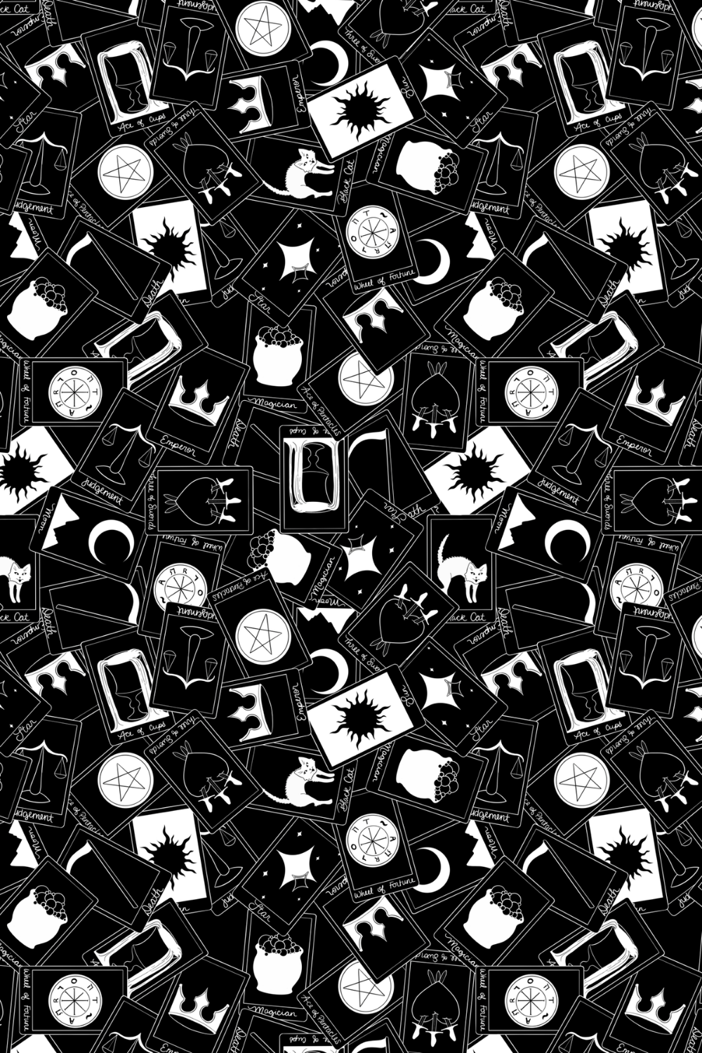 A black and white collage of tarot cards, featuring symbols like the sun, moon, stars, scales, a crown, a cup of bubbling liquid, a candle, a cat, a pentagram, and the words 'Black Cat,' 'Judgement,' 'Emperor,' 'Wheel of Fortune,' and 'Ace of Cups'.