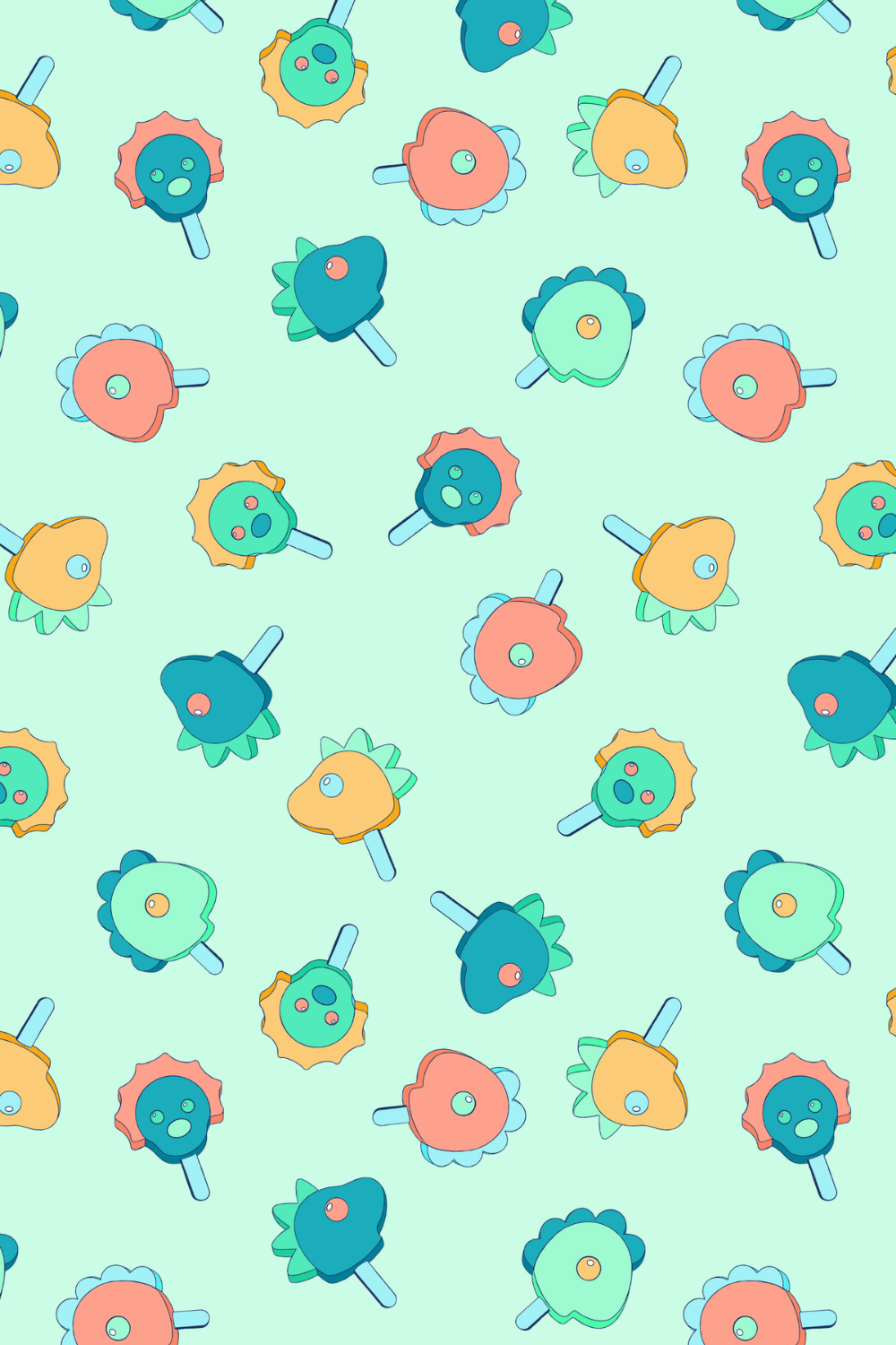 Pattern of colorful lollipops on a light green background, featuring various shapes and pastel colors.