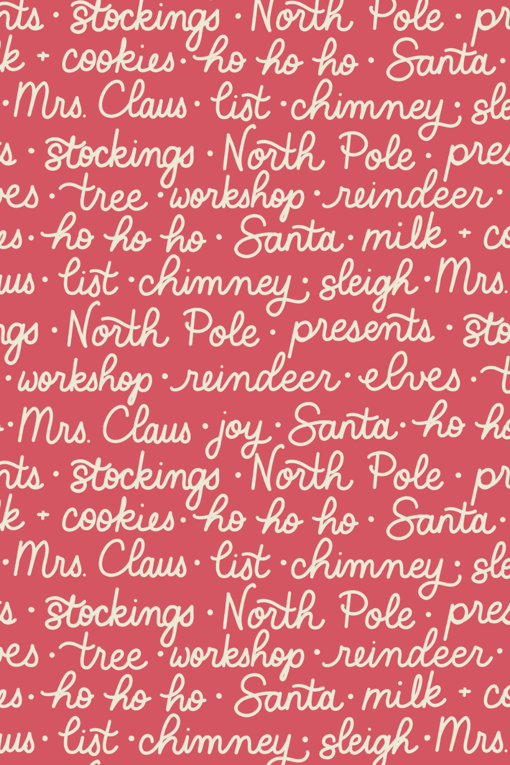 Pattern of Christmas-related words written in cursive font on a pink background, including phrases like 'North Pole', 'Santa', 'Mrs. Claus', 'reindeer', 'stockings', 'coal', 'workshop', 'joy', 'chimney', 'sleigh', and 'presents'.