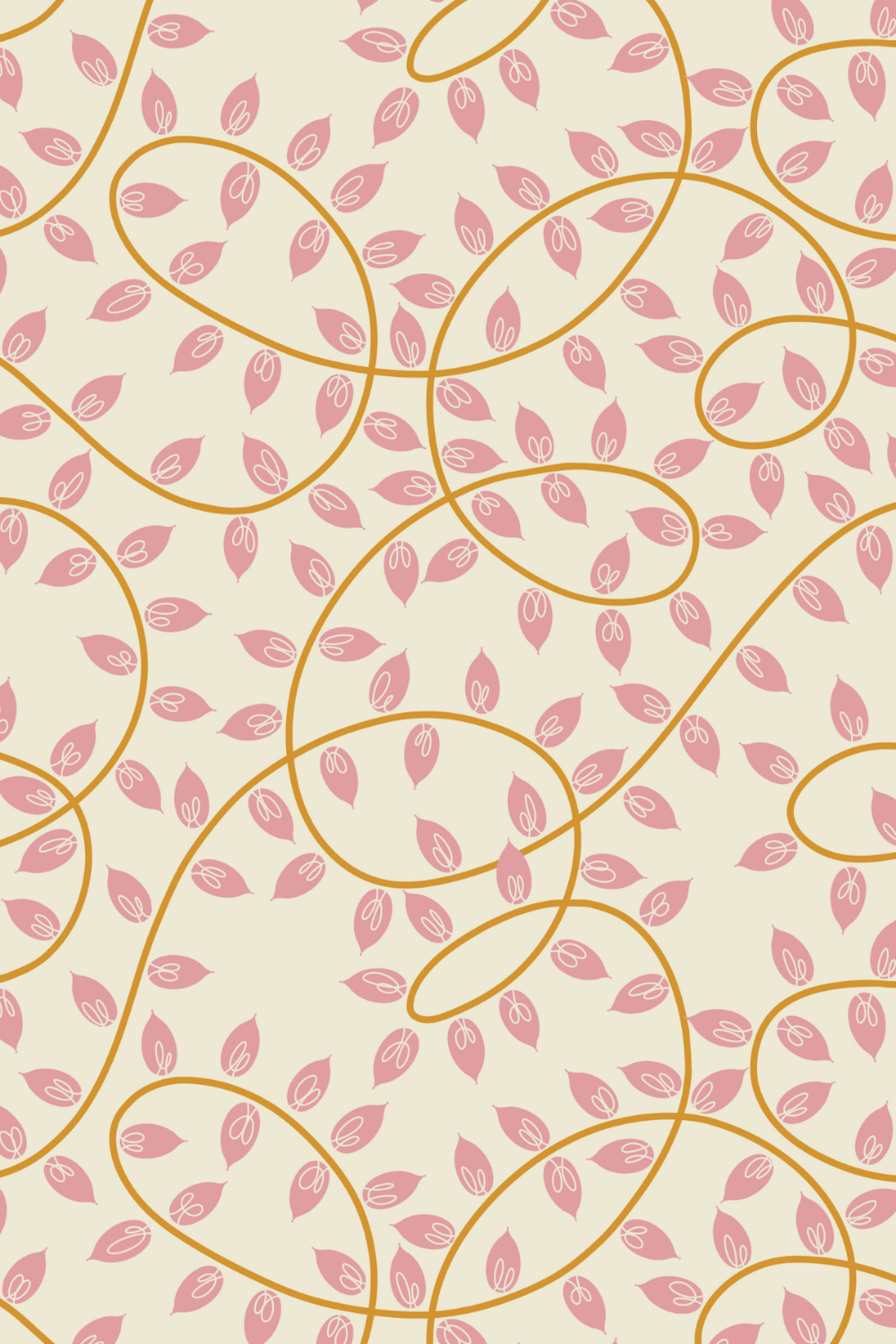 A decorative pattern featuring pink leaves and golden swirling lines on a light beige background.