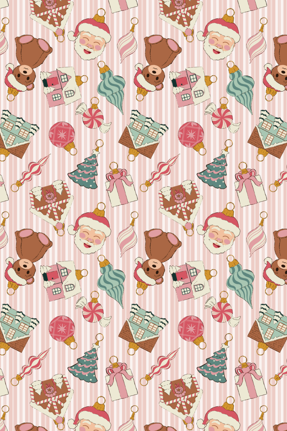 Seamless pattern of Christmas-themed illustrations including Santa Claus, gingerbread houses, Christmas trees, teddy bears, ornaments, wrapped gifts, candy canes, and striped ribbon on a pink and white striped background.