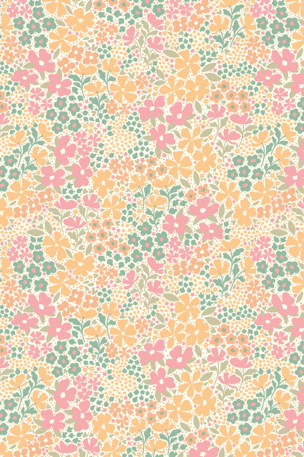 A colorful floral pattern with pink, orange, and green flowers and leaves on a beige background.