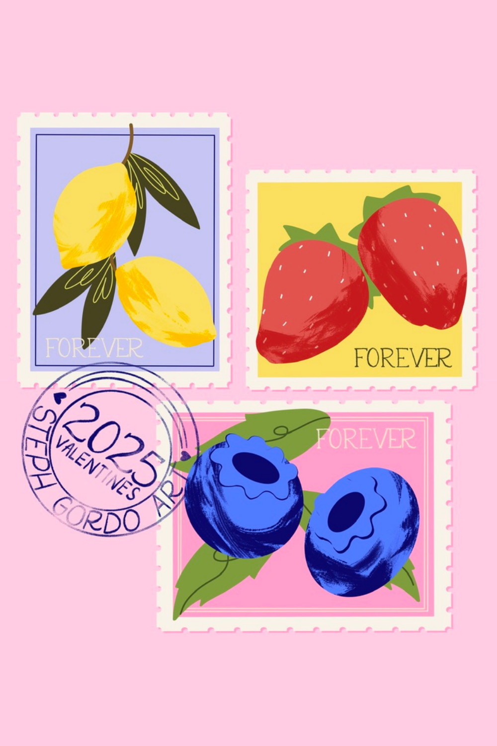 Three illustrated postage stamps featuring fruits (lemons, strawberries, blueberries) on pink, blue, yellow backgrounds with "FOREVER" text and a Valentine’s Day postmark from 2025.