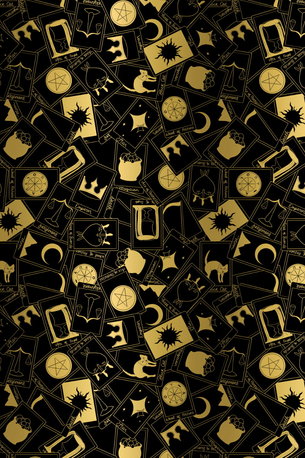 Pattern of black and gold mystical tarot cards, including symbols like pentagrams, moons, suns, cups, and images of a cat and a rat