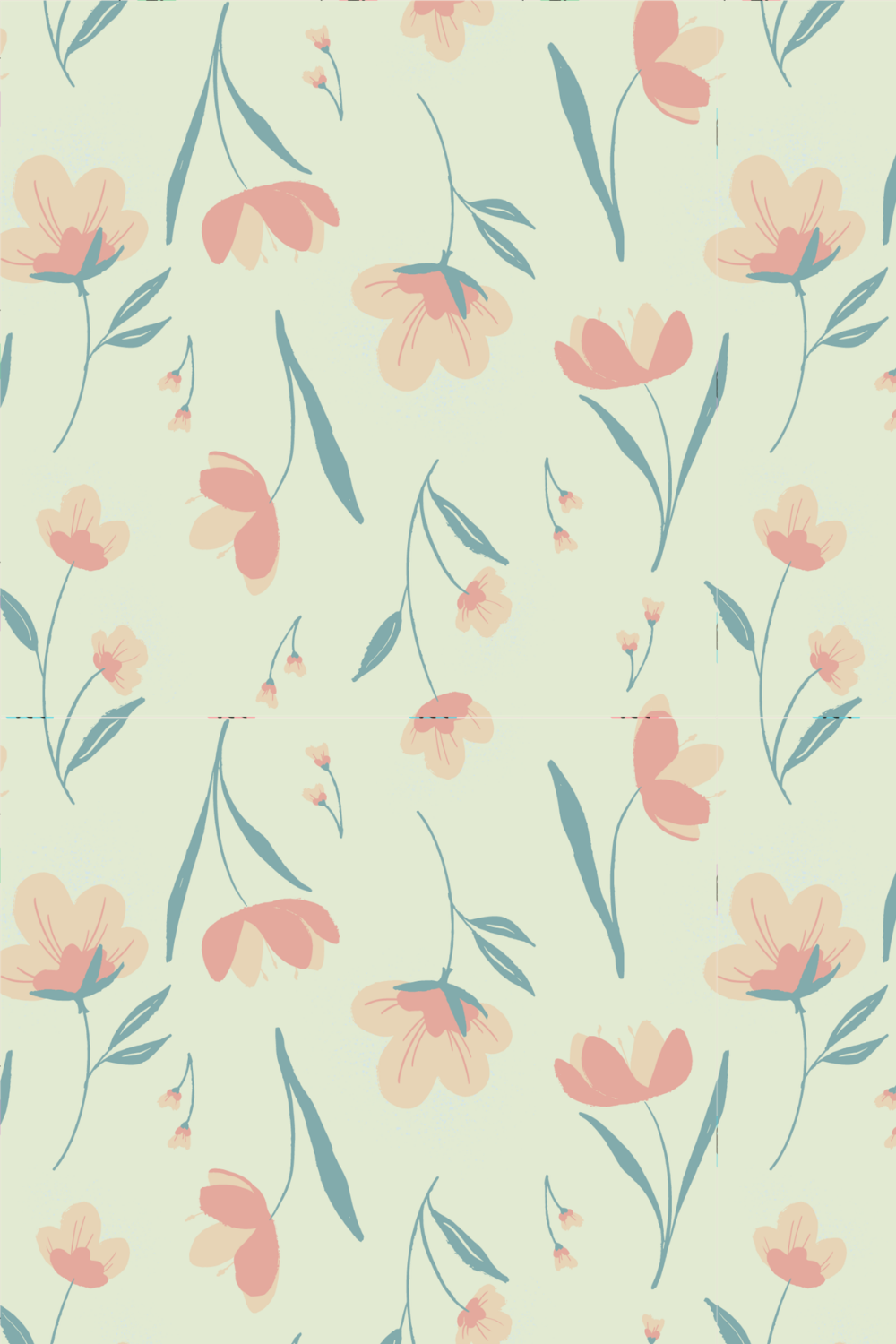 A pastel floral pattern with pink and peach flowers and blue leaves on a light green background.