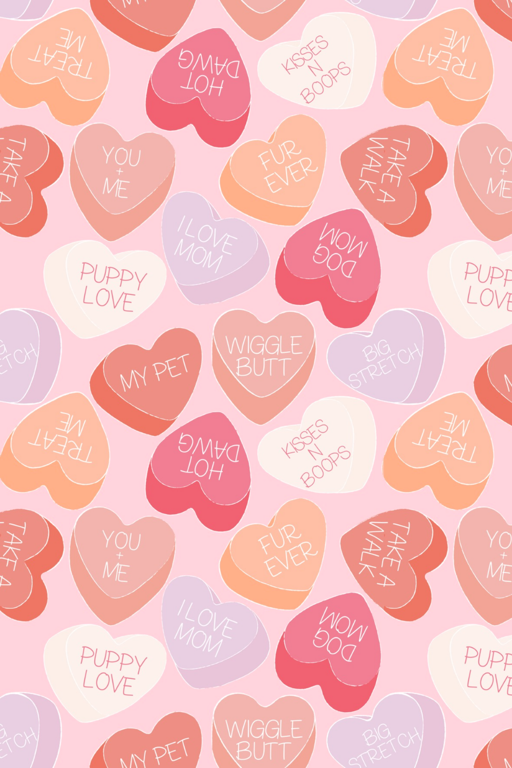 Pattern of colorful hearts with playful messages on a pink background.