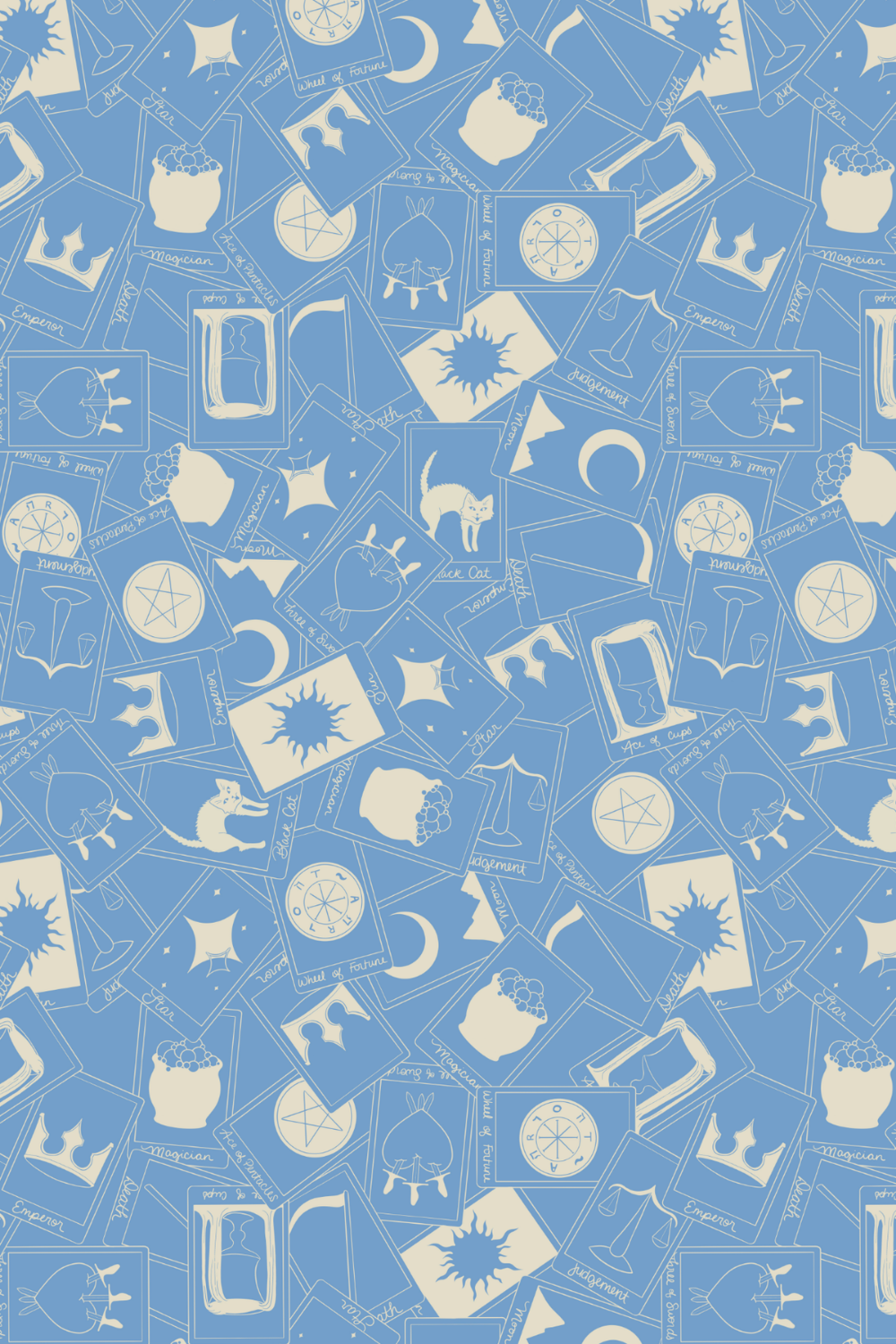 Seamless pattern featuring various tarot cards and celestial symbols such as stars, moons, suns, and scales, in a blue and beige color scheme.