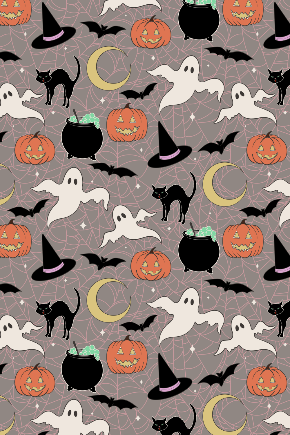 A Halloween-themed pattern featuring black cats, white ghosts, orange carved pumpkins, black witches' hats with purple bands, yellow crescent moons, black bats, and bubbling cauldrons with green potion, all set against a webbed background.