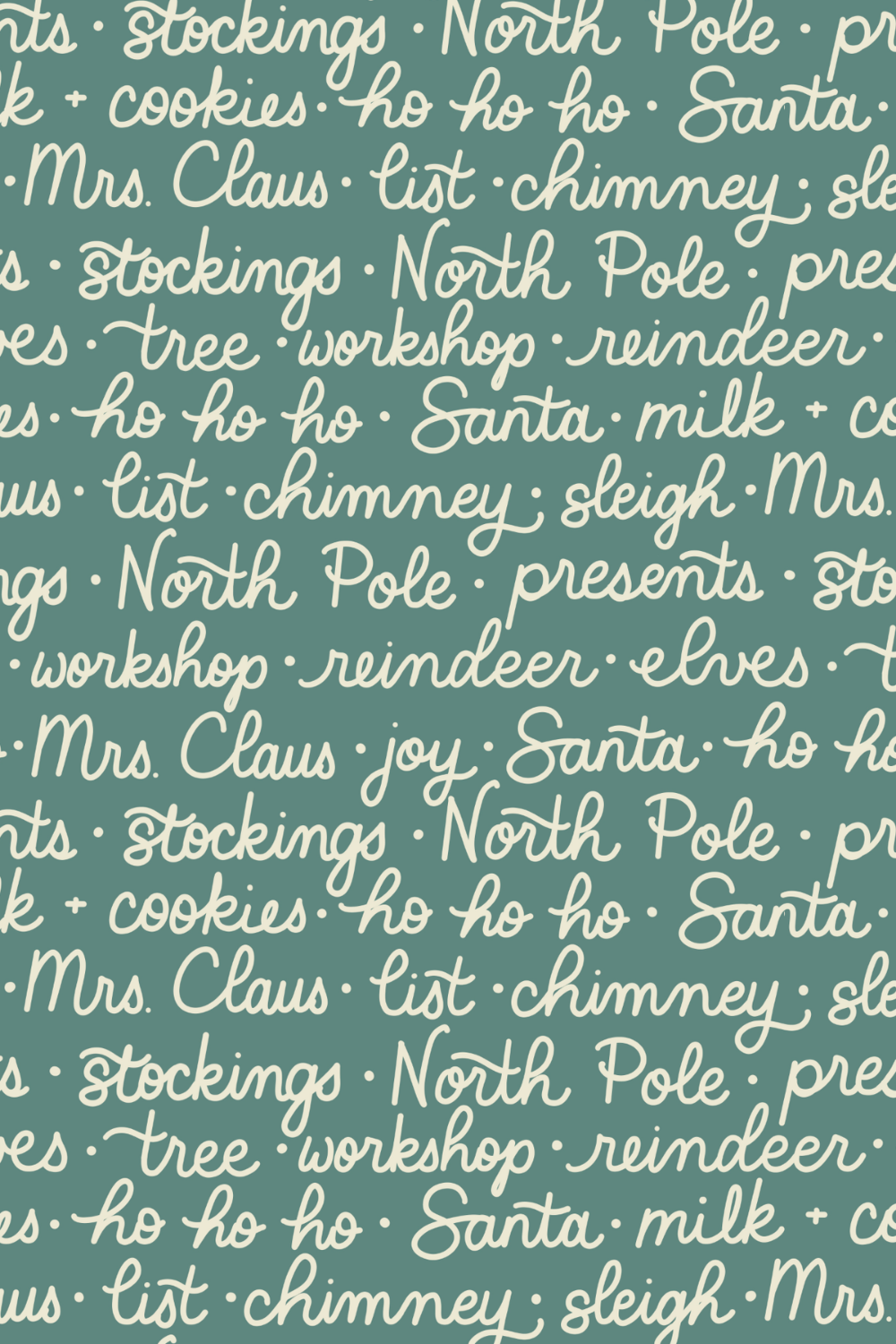 Pattern of handwritten Christmas-related words and phrases on a teal background, including 'stockings,' 'North Pole,' 'Santa,' 'Mrs. Claus,' 'chimney,' 'workshop,' 'reindeer,' 'joy,' and 'presents.'