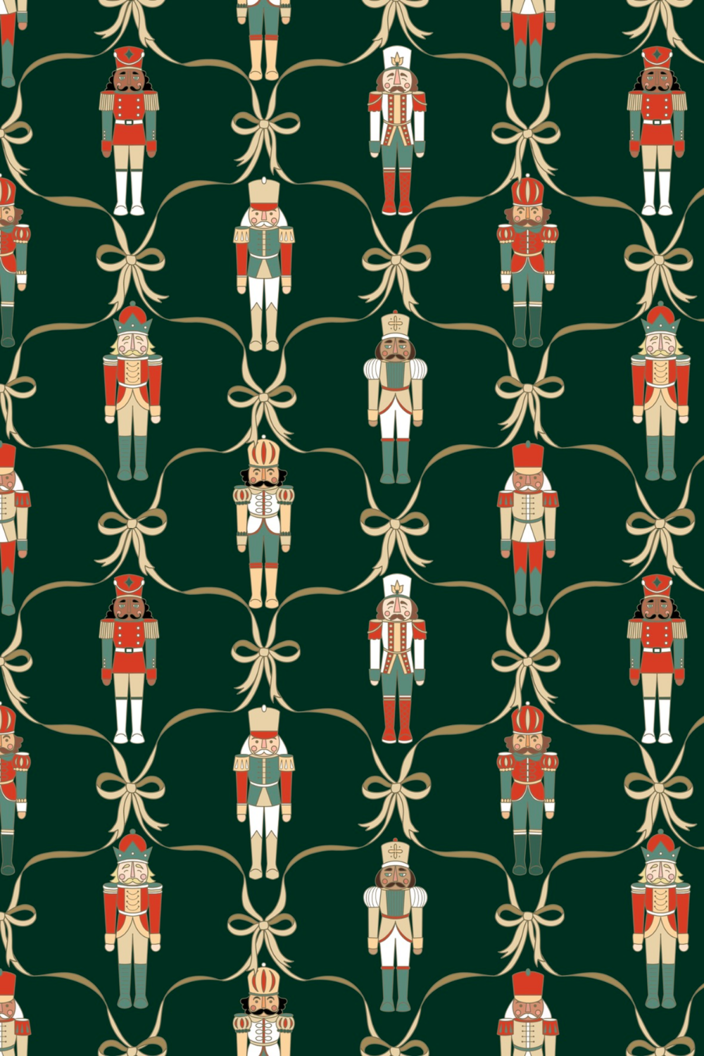Pattern of vintage toy soldier illustrations connected by beige bows against a dark green background.