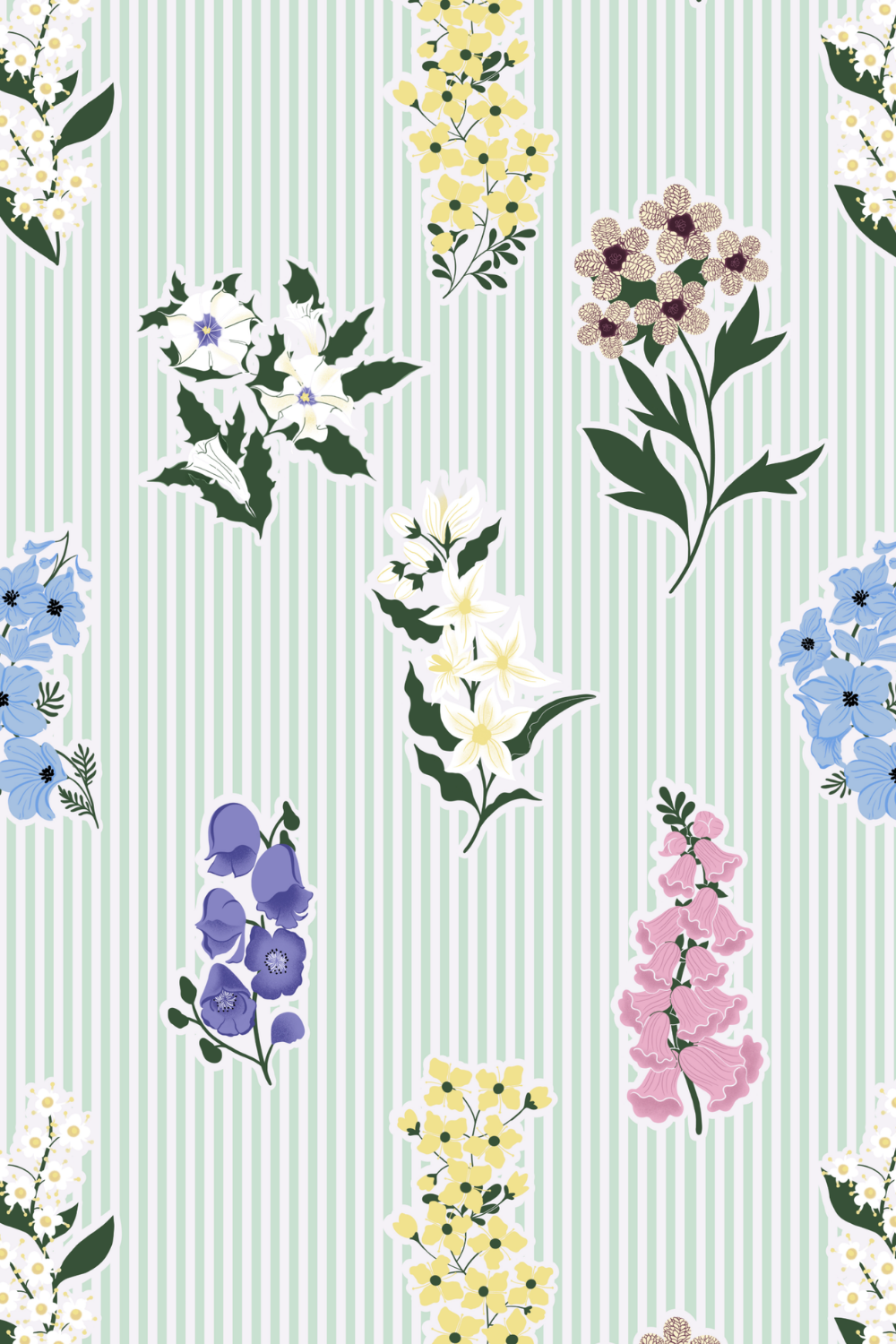 Pattern of various floral bouquets on a light green and white striped background.