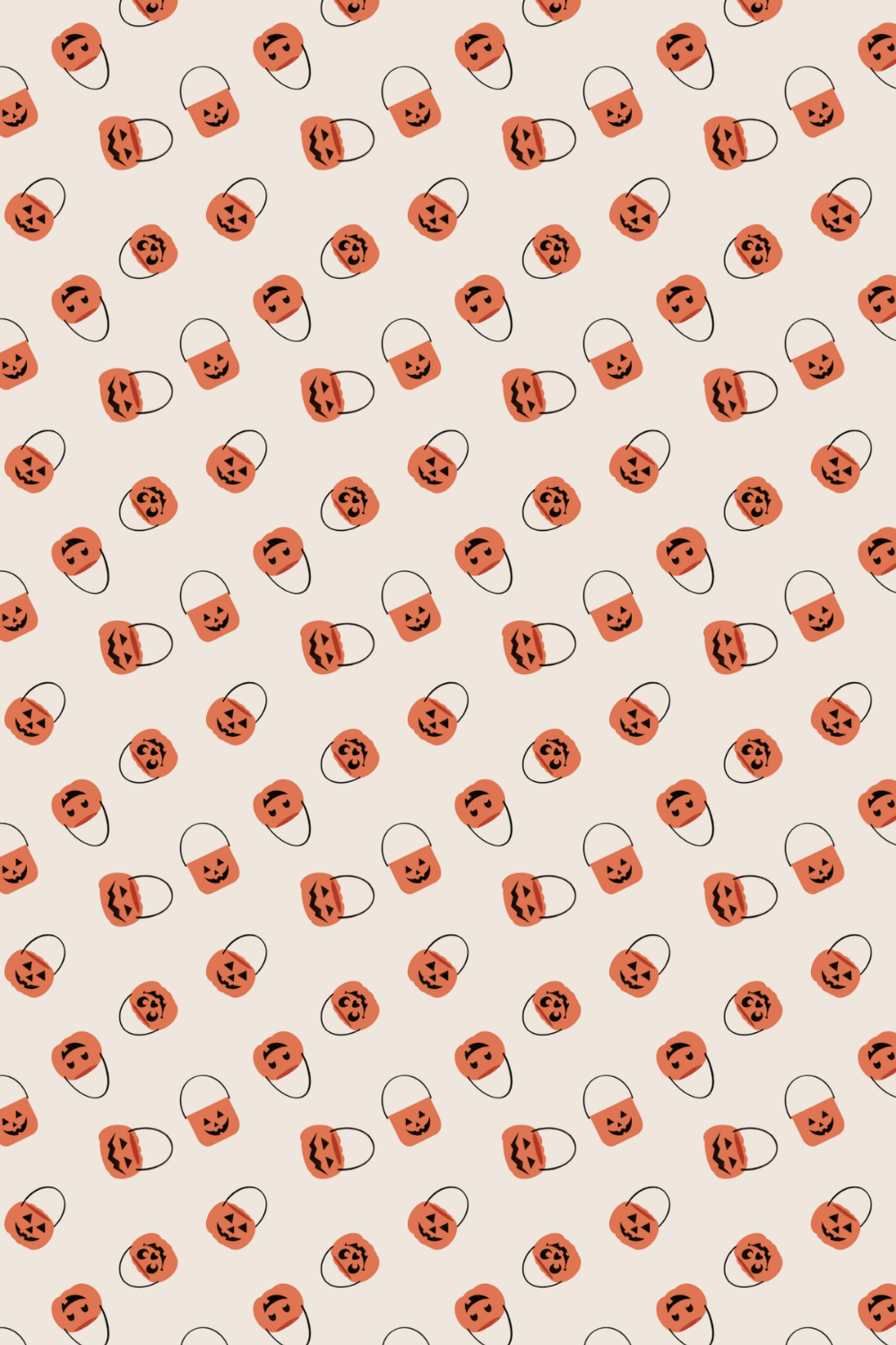 Pattern of Halloween-themed pumpkin baskets with different face designs, scattered across a light background.