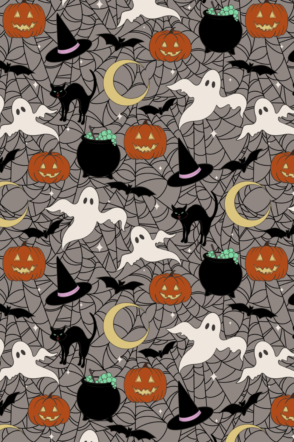 Halloween-themed pattern with pumpkins, black cats, ghosts, bats, witches' hats, crescent moons, bubbling cauldrons, and spider webs.