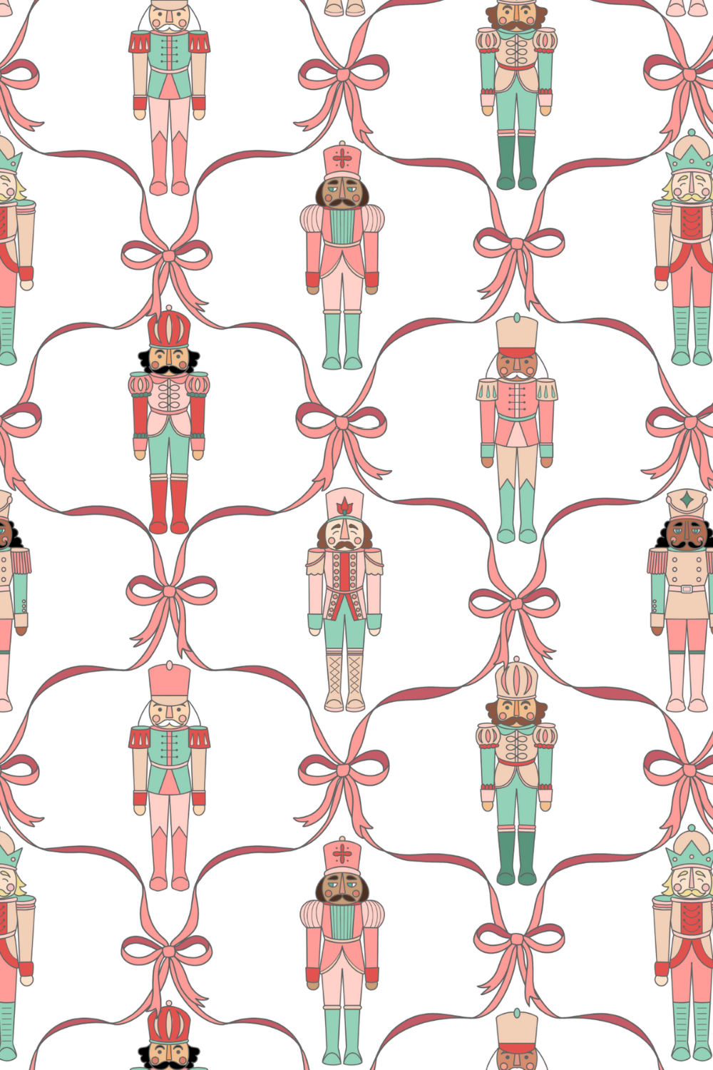 Pattern of cartoon nutcracker soldiers connected by pink ribbons, arranged in a repeating design.