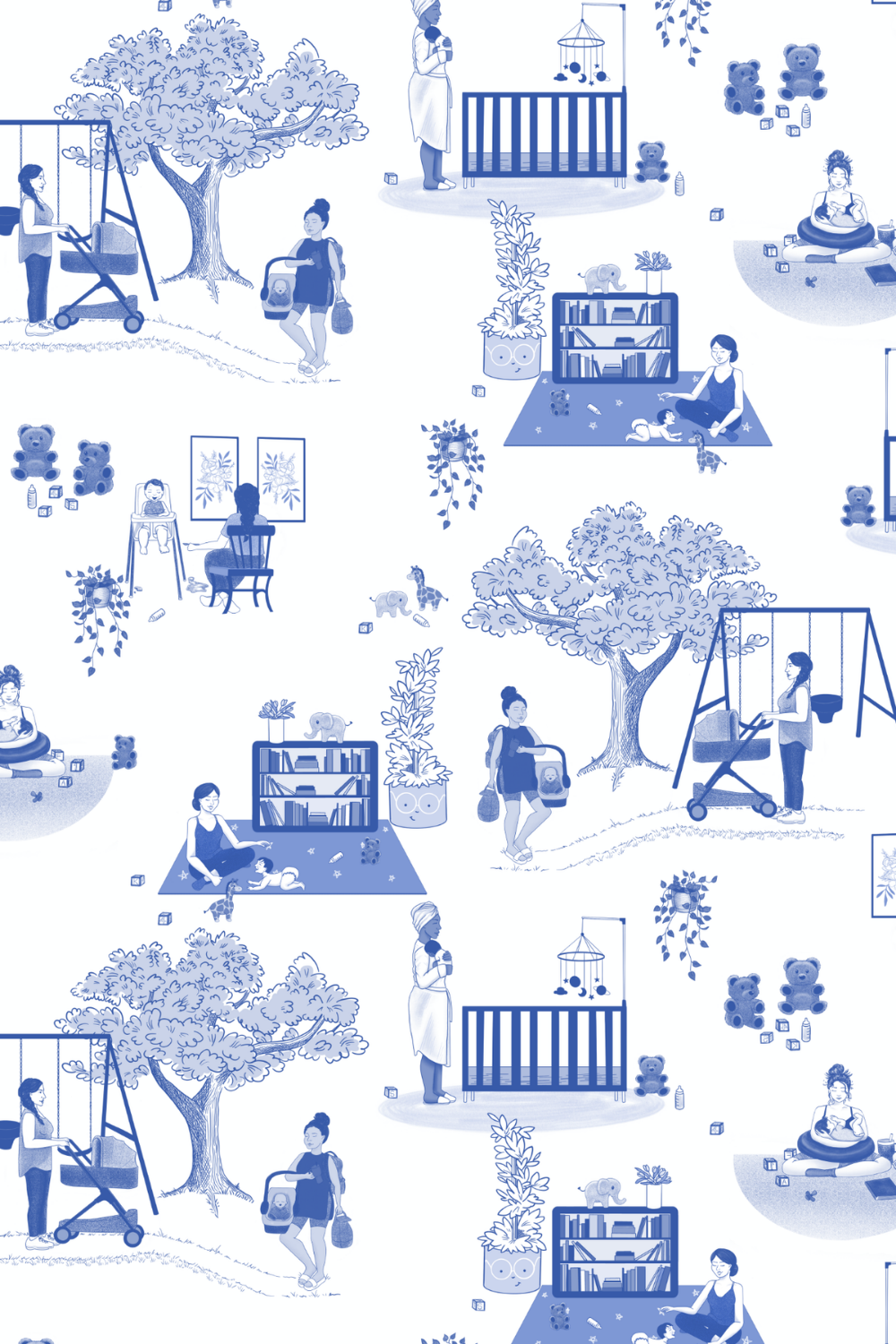 A repeating pattern illustration of a children's playroom and outdoor area, with women, children, toys, books, plants, trees, and animals like teddy bears, giraffe, elephant, and a lizard.