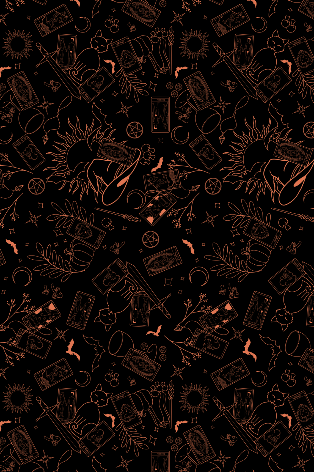 A repeating seamless pattern with tarot cards, moon phases, suns, pentagrams, bats, cats, plants, and mystical symbols in orange on a black background.