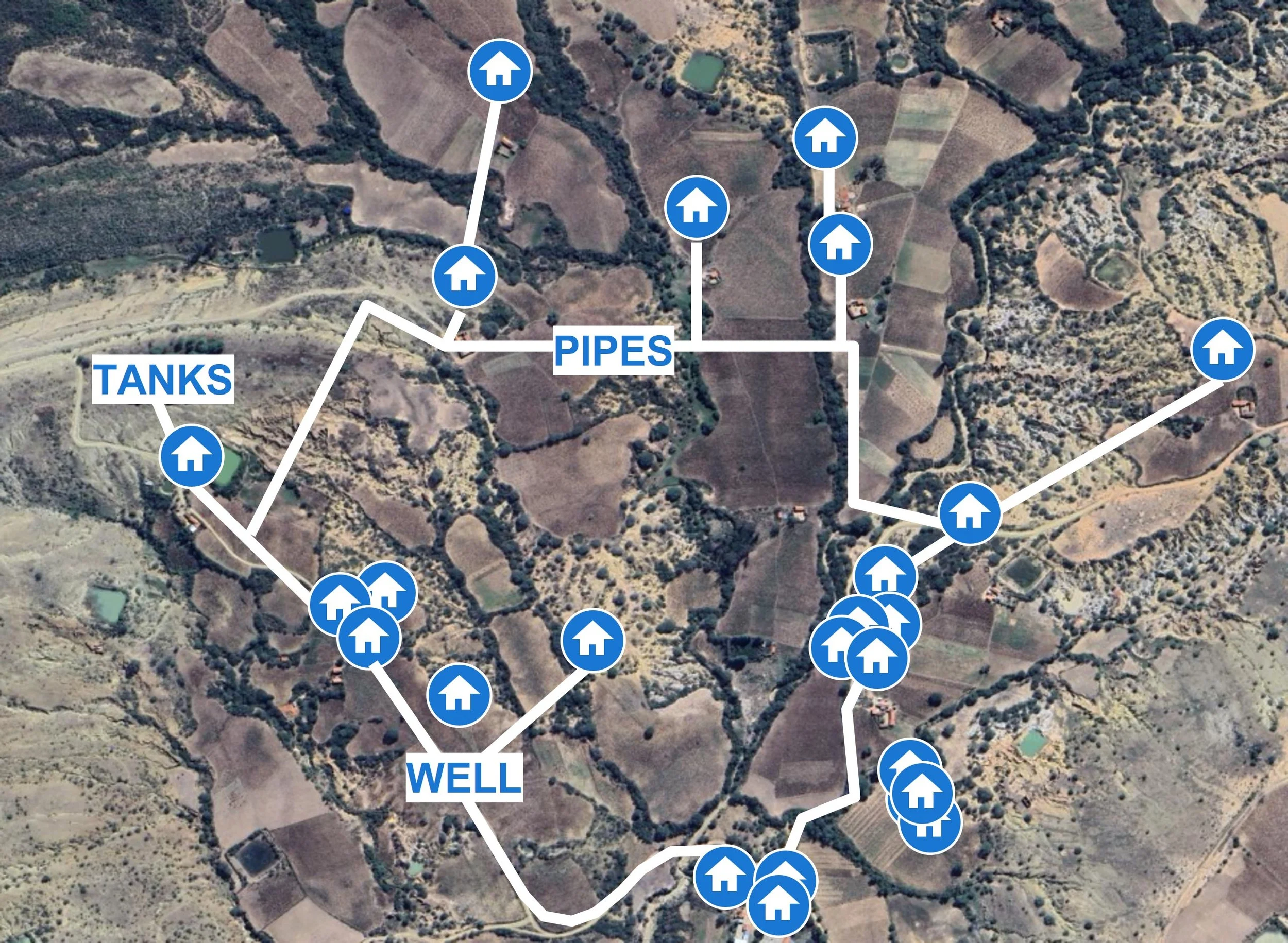 Map of the proposed system showing the well, storage tanks and pipe routes