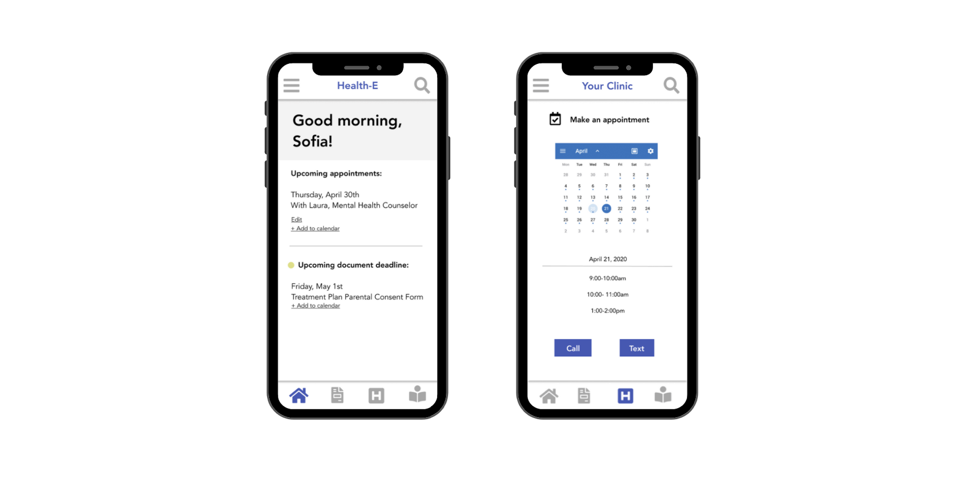 Home scree (left) and appointment booking screen (right)