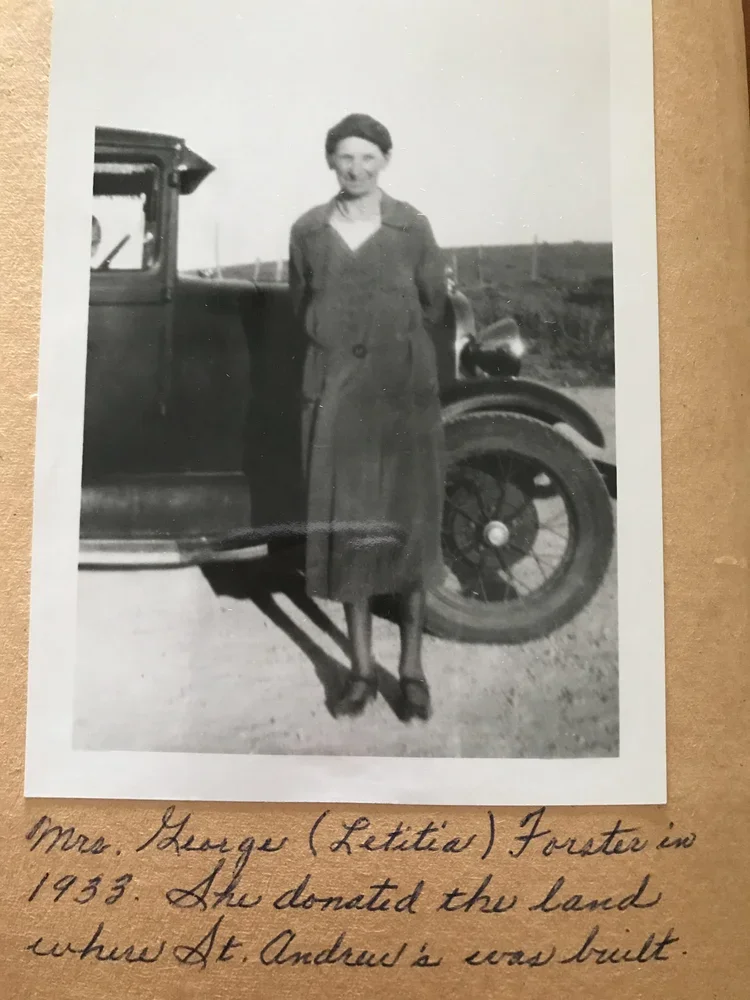 1934 -
April 8 1934, after church in Silverdale Schoolhouse , the congregation went by car or walked the 200 yards to the site to be St. Andrew’s Church. Mrs. George (Letitia) Forster donated the ground, turned the first space of dirt. Her brother,