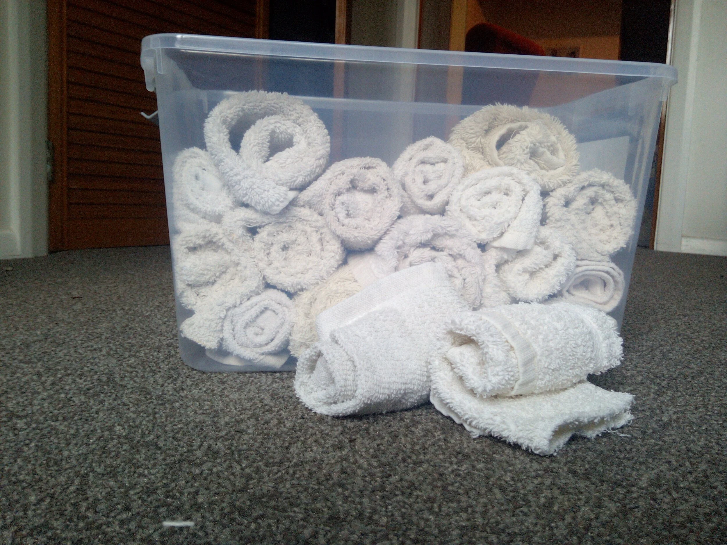 Cut up towels from op shops as hand towels which can be used once then collected for washing.