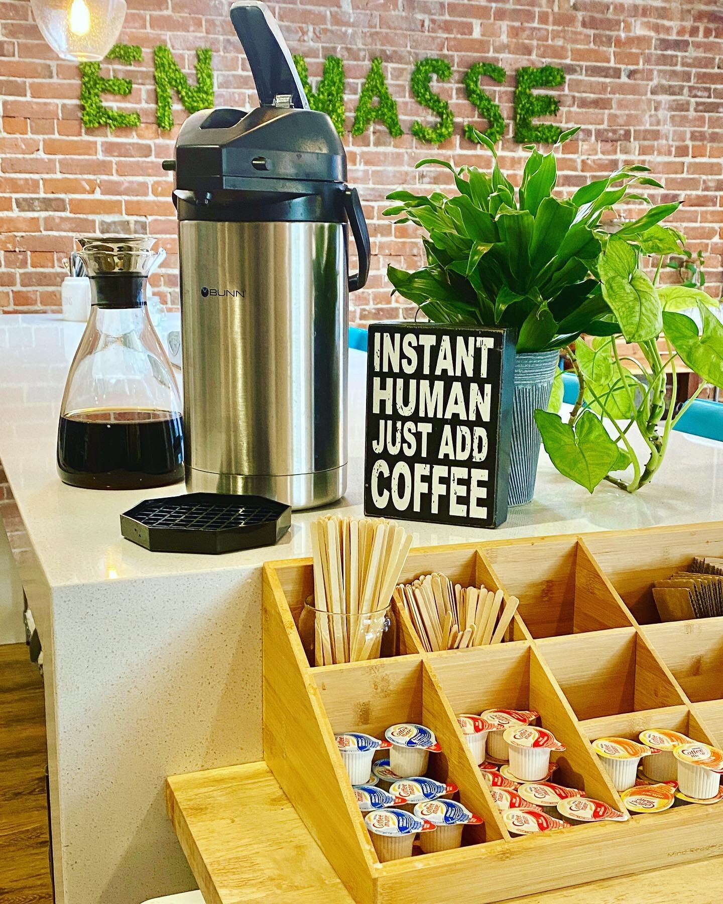 Delicious hot &amp; iced coffee is freshly brewed EVERY DAY, ALL DAY at En Masse Coworking! @cityofsaintscoffee #Amenties #Coworking #MorristownNJ #MemberPerks