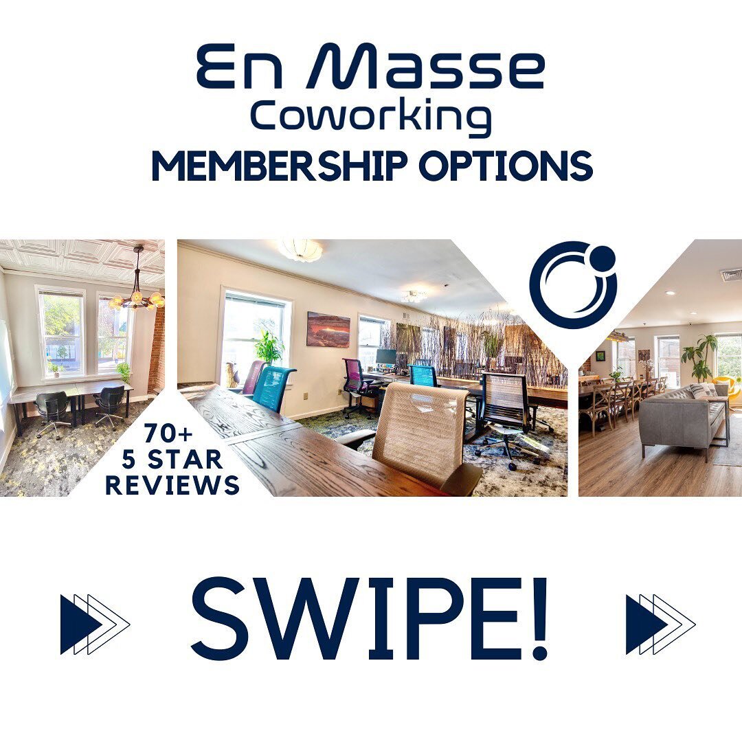 SWIPE to view all we offer here at En Masse Coworking! Whatever your needs are, our expert team will make sure you are fully covered ✅ Message us today! #Coworking #MorristownNJ #MemberPerks #MeetingRooms #PrivateOffices