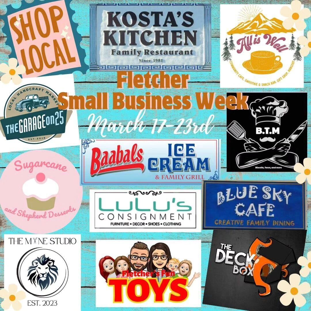 This week is Fletcher Small Business Week.
Come out and support these Small Businesses and shop local! There are lots of great shops and restaurants to try!
#garageon25
#shopfletchernc 
#shoplocalshopsmall 
#wncsmallbusiness