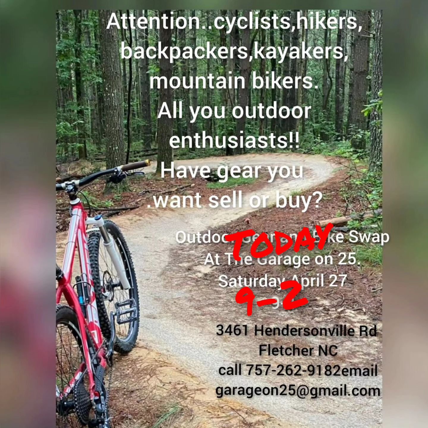 Outdoor Gear and Bike Swap..Today at The Garage on 25!!! 9-2 . Need to update your gear? Looking for a part for your bike..come check it out! Sellers in the field next to parking lot!
#wncbiking 
#wncoutdoorgear 
#ashevillebiking 
#ashevilleoutdoors 