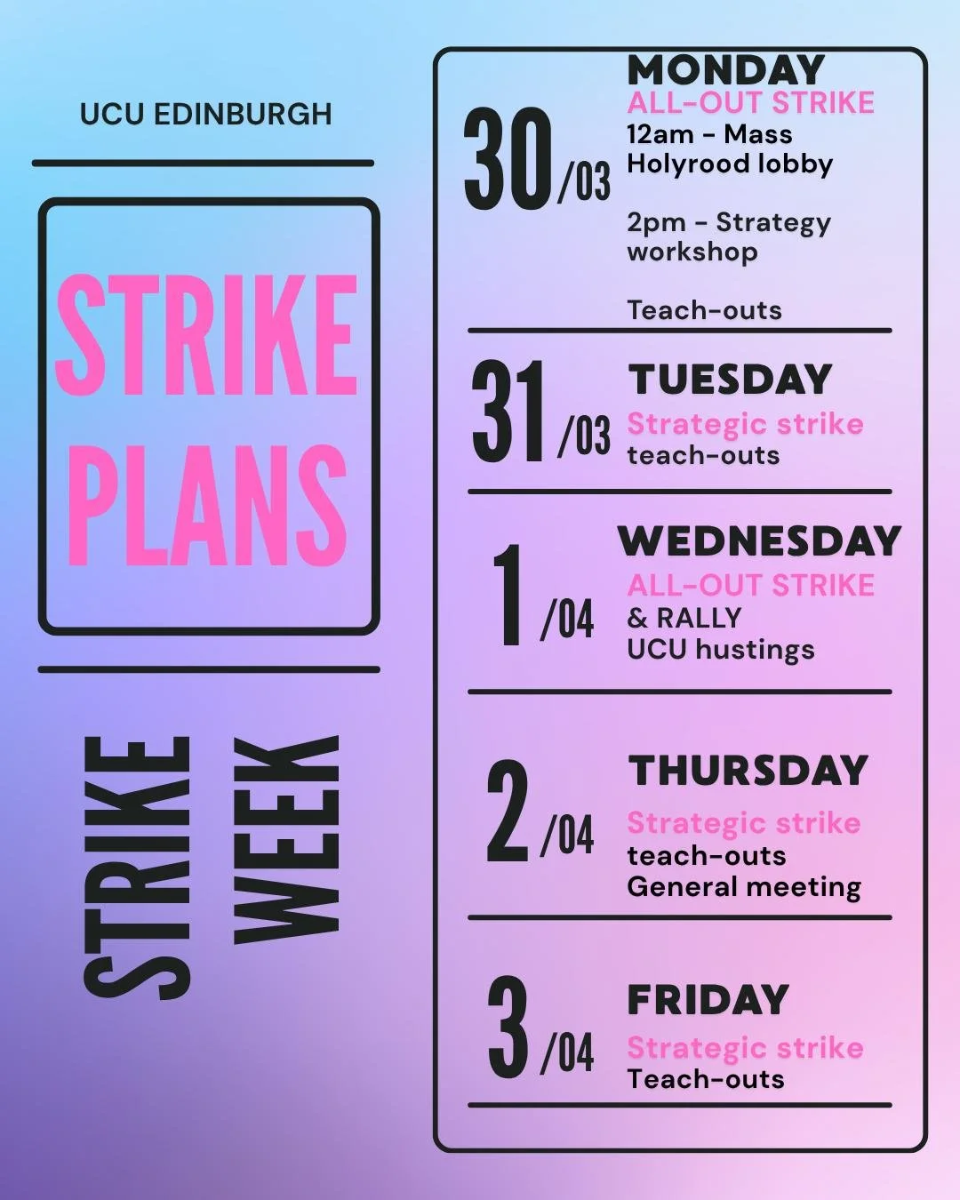 Members of UCU Edinburgh will be on strike next week as part of an ongoing dispute against our employer's determination to make dramatic cuts.

The key dates are Monday and Wednesday, when we're asking all members who can to walk out and join the pic