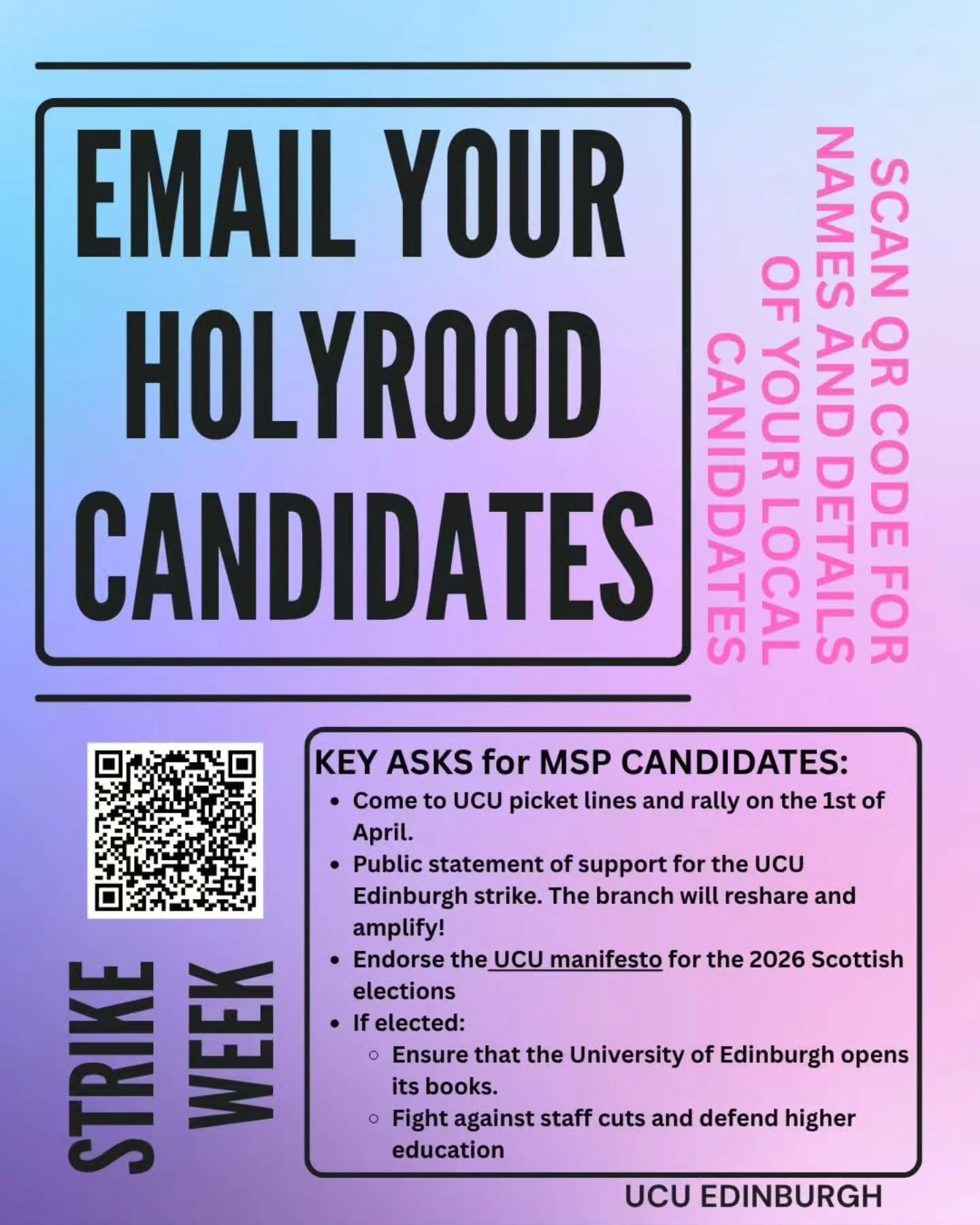 As part of our action this week we're encouraging members to put pressure on their elected representatives ahead of the elections in May. The Scottish Government has made some important promises on holding University of Edinburgh management to accoun