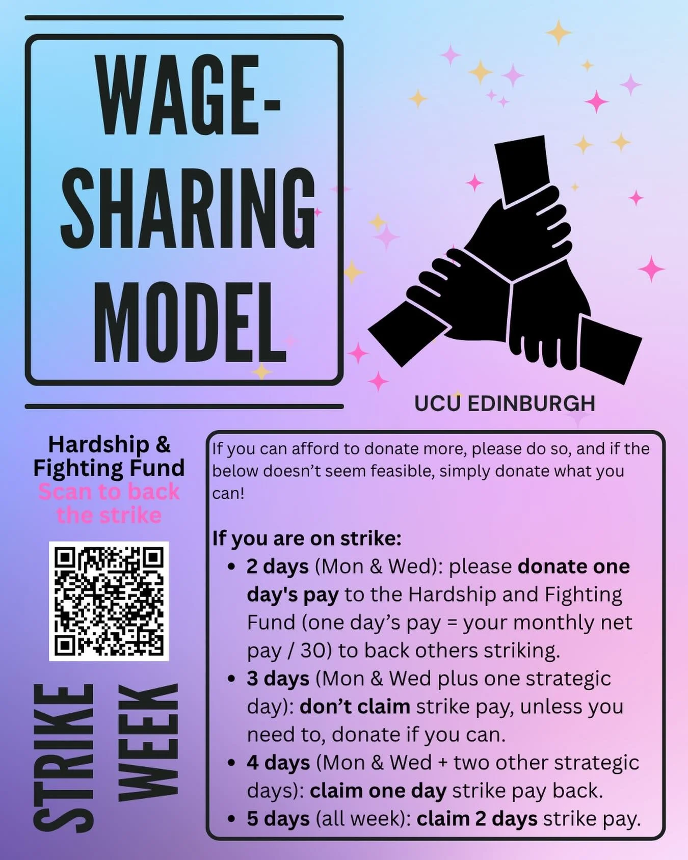Guidance for our financial solidarity model for this strike wave! All details on how to donate and how to claim strike pay are available on the ucu Edinburgh website &ldquo;hardship and fighting fund&rdquo; page 🫶✊