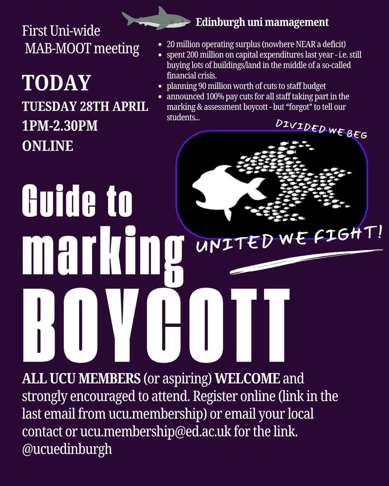 TODAY 28th of April - INTRO TO MARKING BOYCOTT session, 1-2:30pm, online 

First uni-wide MAB meeting organised by the MAB-moot. Come for intro, advice, questions, concerns, support and strategy, but come!

Senior management have announced 100% pay c