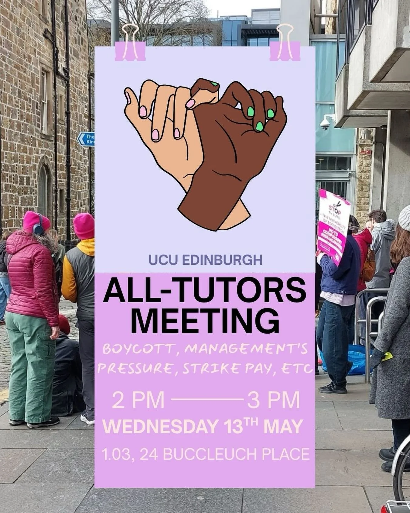 *ALL TUTORS MEETING* Wednesday 13th May, 2pm, 24 Buccleuch place 

Worried about boycotting? When to declare? Dealing with management&rsquo;s pressure and intimidation? Wondering about how to make a claim for strike pay? 

Tutors have been one of the
